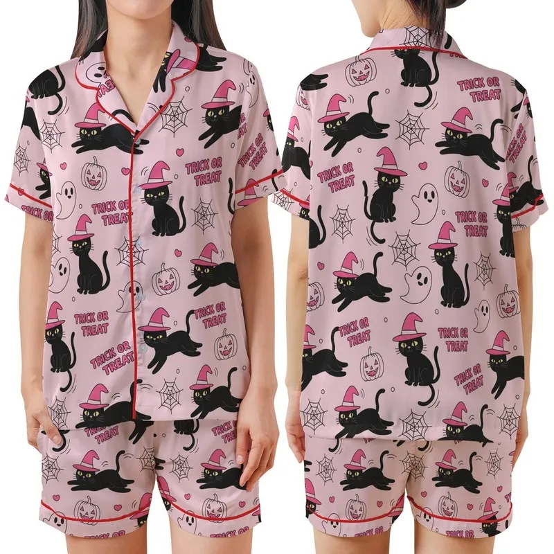 Halloween Cat Lovers' Whimsical Light Pink Black Cat Bright Pink Witch Hat All-Over Pattern with Jack-O'-Lanterns and Ghosts Satin Short-Sleeve Pajamas Set - 1