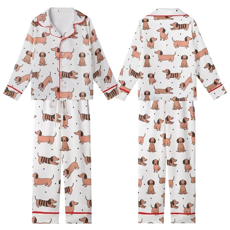 Dachshund Lovers' Whimsical Salmon Pink Light Brown Striped Dachshund Line Art Playful Pattern Kid Satin Pajamas Set - 1