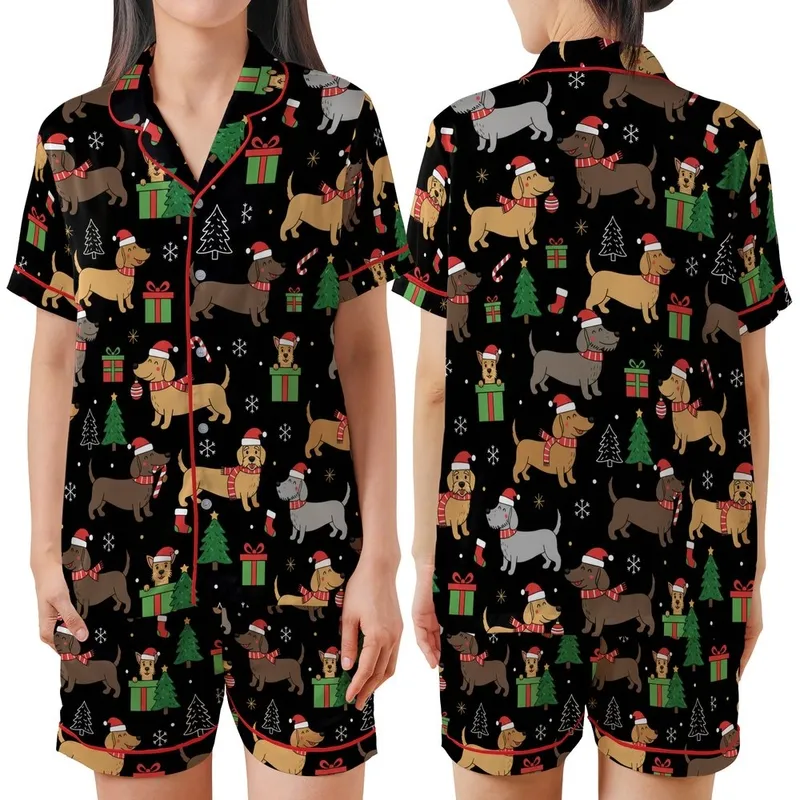 Dog Owners' Cute Cartoon Black Christmas Dog Pattern with Festive Santa Hats & Candy Canes Satin Short-Sleeve Pajamas Set - 1