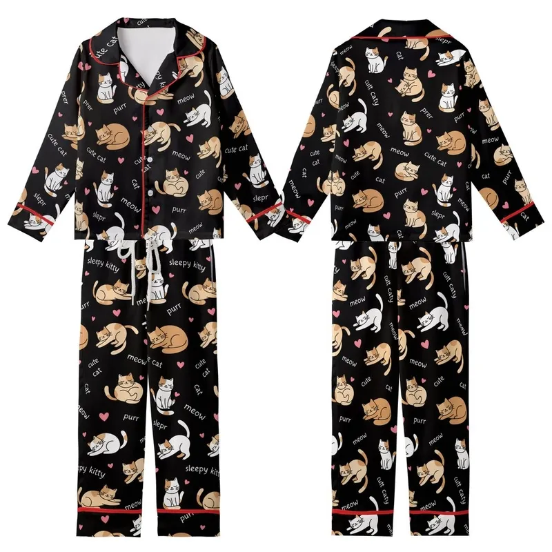 Cat Lovers' Whimsical Cartoon Cats Tan Brown Pink Hearts Black Background Pattern Kid Satin Pajamas Set - 1