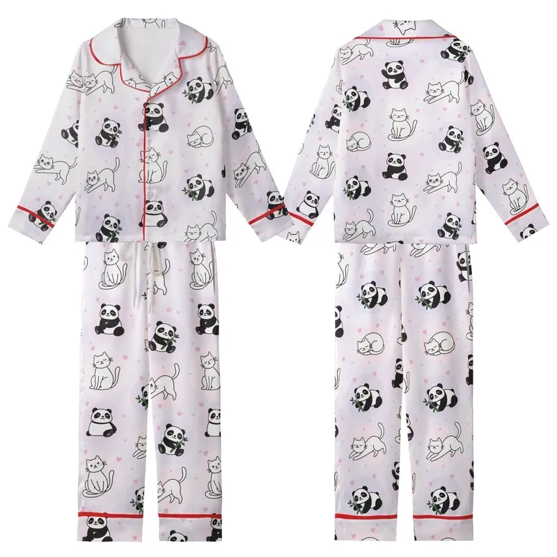 Whimsical Animal Lovers' Pastel Lavender Pink Scattered Cartoon Cats Pandas with Tiny Hearts Paw Prints Kid Satin Pajamas Set - 1