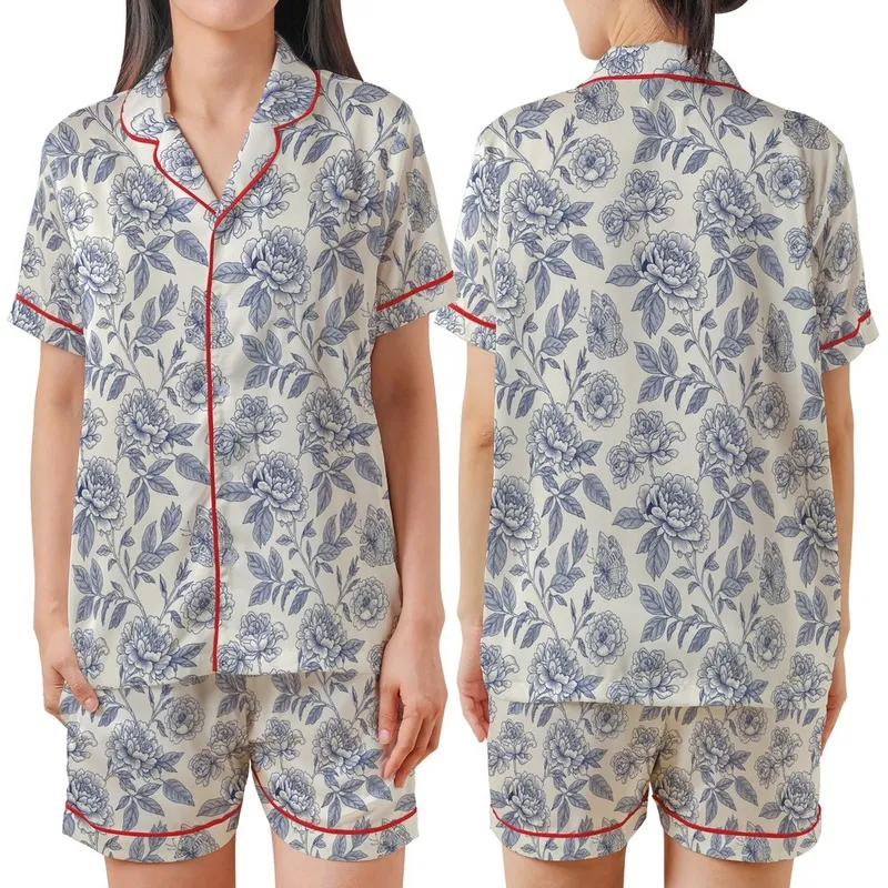 Women's Monochromatic Indigo Blue-Grey Toile Peony & Rose Botanical Satin Short-Sleeve Pajamas Set - 1