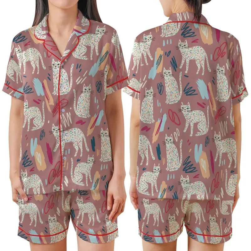 Whimsical Cat Lovers' Soft Dusty Rose Pink Hand-Drawn Cats with Vibrant Speckles & Doodle Art Pattern Satin Short-Sleeve Pajamas Set - 1