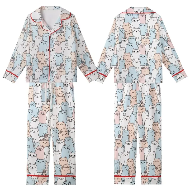 Cat Lovers' Whimsical Pastel All-Over Print Cute Cartoon Cats Seamless Pattern with Expressive Felines & Yarn Balls Kid Satin Pajamas Set - 1