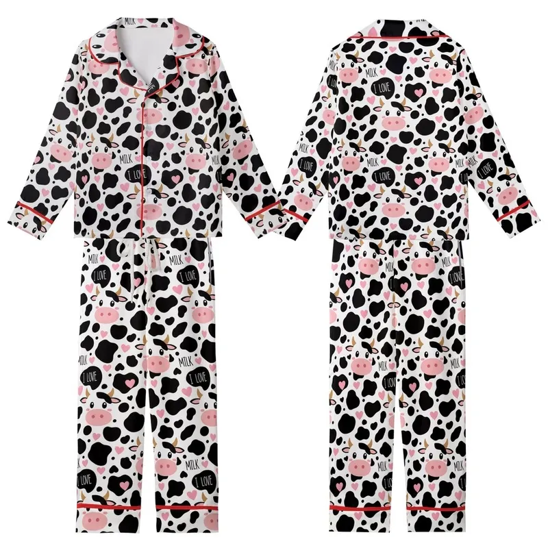 Cute Style Enthusiasts' White & Black Holstein Cow Print, Bubblegum Pink Hearts, Cartoon Cow Faces, I LOVE MILK Text Kid Satin Pajamas Set - 1