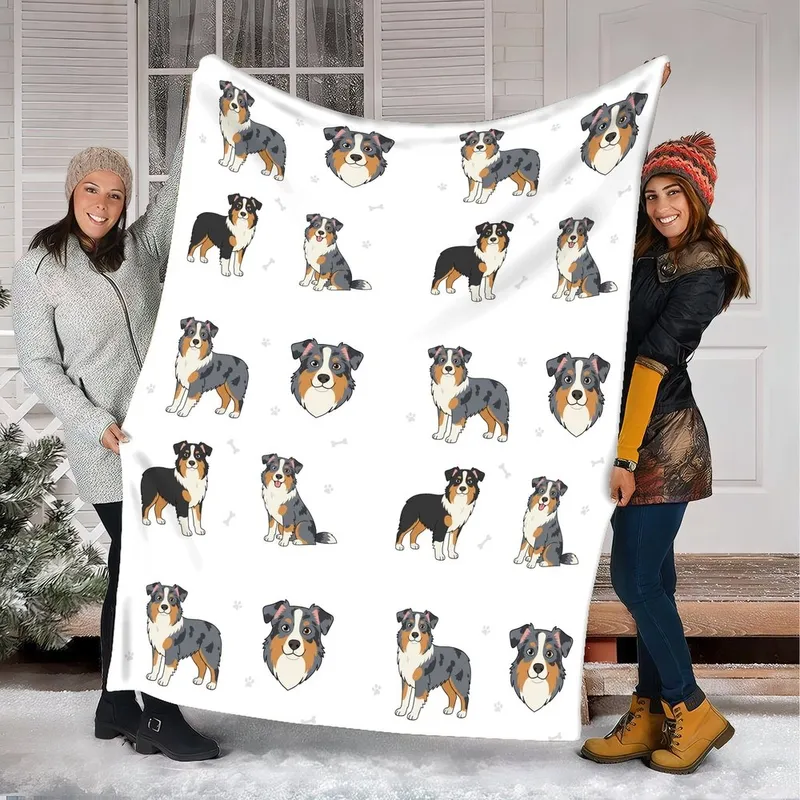 Australian Shepherd Lovers' Cartoon Flat Art Merle Grey Black Tan Brown Aussie Dog Pattern White Pink Accents Paw Prints Fleece Blanket - 1