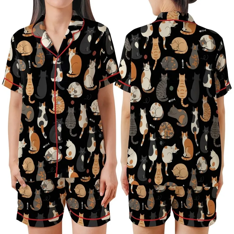 Cat Lovers' Illustrative Seamless Pattern: Natural Posing Cats with Tabby Calico Tuxedo Fur on Black Satin Short-Sleeve Pajamas Set - 1