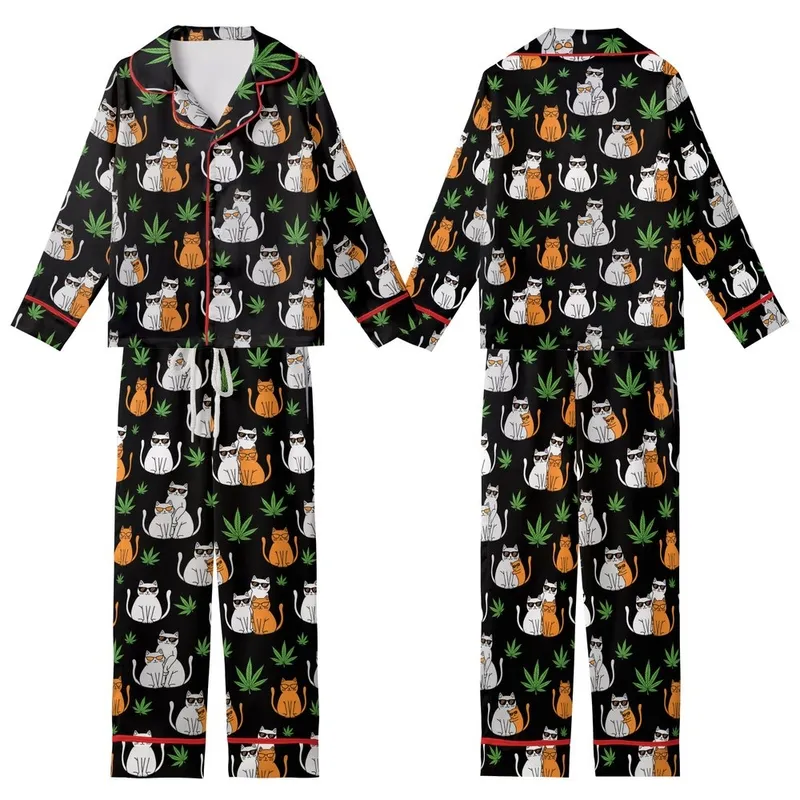Playful Cat & Cannabis Enthusiasts' Flat Art Cats Orange Sunglasses Green Cannabis Leaves Seamless Black Pattern Kid Satin Pajamas Set - 1