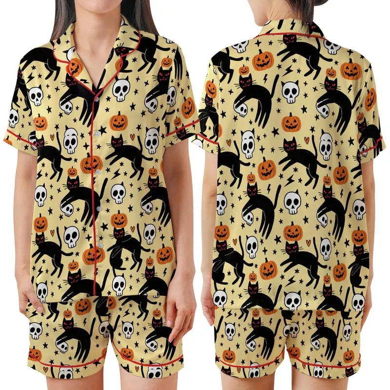 Mischievous Cat Lovers' Pale Yellow Black Cat Red Eyes Orange Skull Jack-o'-Lantern Naive Art Pattern Satin Short-Sleeve Pajamas Set - 1