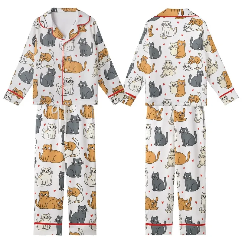 Cat Lovers' Whimsical Cartoon Cats Seamless Pattern with Soft Grey Ginger Orange and Red Hearts on White Kid Satin Pajamas Set - 1