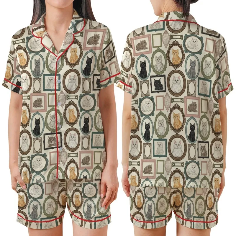 Cat Lovers' Muted Eclectic Antique Framed Cat Portraits Collage Cream Pattern Satin Short-Sleeve Pajamas Set - 1