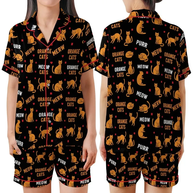 Orange Cat Lovers' Bold Flat Graphic Orange Cat Playful Pose Pattern Black White Orange Text Red Paw Prints Satin Short-Sleeve Pajamas Set - 1