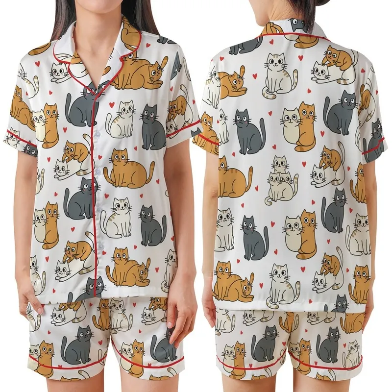 Cat Lovers' Whimsical Cartoon Cats Seamless Pattern with Soft Grey Ginger Orange and Red Hearts on White Satin Short-Sleeve Pajamas Set - 1