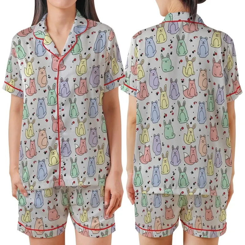 Animal Lovers' Cute Stylized Cartoon Satin Short-Sleeve Pajamas Set - 1
