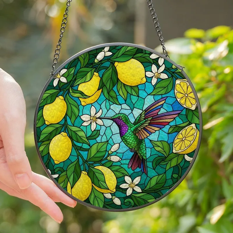 Nature's Jewel: Stained Glass Hummingbird, Lemons & Blossoms Art Print Stained Glass Suncatcher - 1