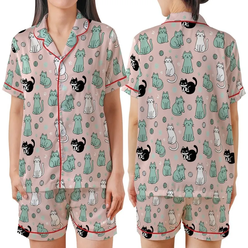 Cat Lovers' Whimsical Blush Pink Pattern with Playful Teal White Black Grey Cartoon Cats, Yarn, Paw Prints Satin Short-Sleeve Pajamas Set - 1