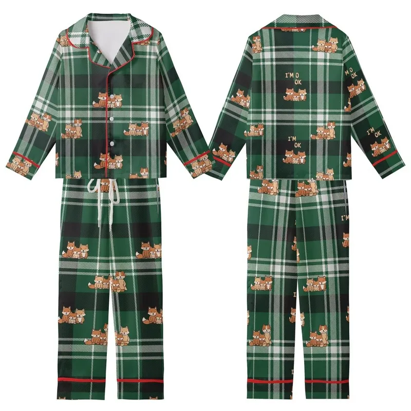 Whimsical Animal Art Lovers' Emerald Green Plaid Pattern with Playful Cartoon Dogs, Foxes, and Gentle Beige 'I'M OK' Hand Motif Kid Satin Pajamas Set - 1
