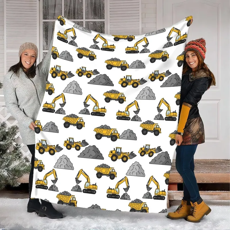 Graphic Construction Vehicles Bright Yellow Charcoal Grey 2D Art Pattern Bedding Set - 1