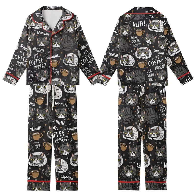 Cat & Coffee Lovers' Grumpy Tabby Cats & Coffee Cups Charcoal Black All Over Illustrative Pattern with Yellow Eyes Kid Satin Pajamas Set - 1