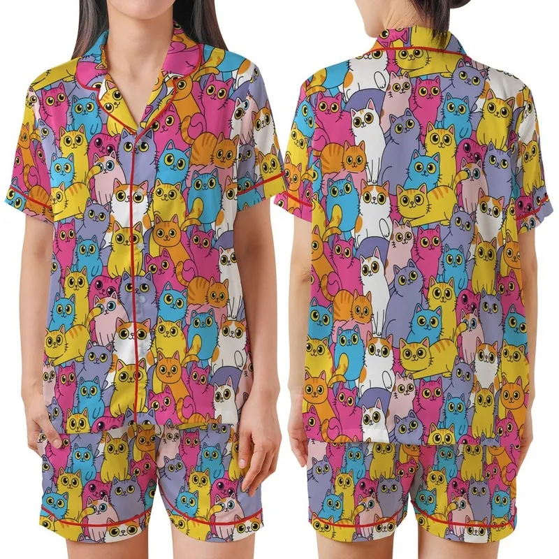 Cat Lovers' Whimsical Cartoon Cats Bold Outline Hot Pink Yellow Blue Purple Repeating Pattern Satin Short-Sleeve Pajamas Set - 1