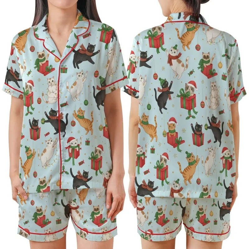 Cat Lovers' Whimsical Festive Cats Watercolor Pattern with Santa Hats, Gift Boxes, Ornaments, Snowflakes on Pastel Blue Satin Short-Sleeve Pajamas Set - 1