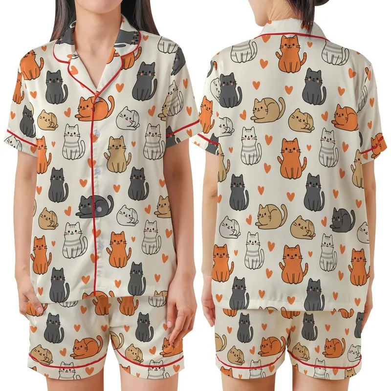 Cat Lovers' Cute Kawaii Cartoon Cats Playful Poses Seamless Pattern Light Cream Orange Coral Hearts Flat Art Style Satin Short-Sleeve Pajamas Set - 1