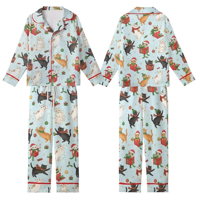 Cat Lovers' Whimsical Festive Cats Watercolor Pattern with Santa Hats, Gift Boxes, Ornaments, Snowflakes on Pastel Blue Kid Satin Pajamas Set - 1