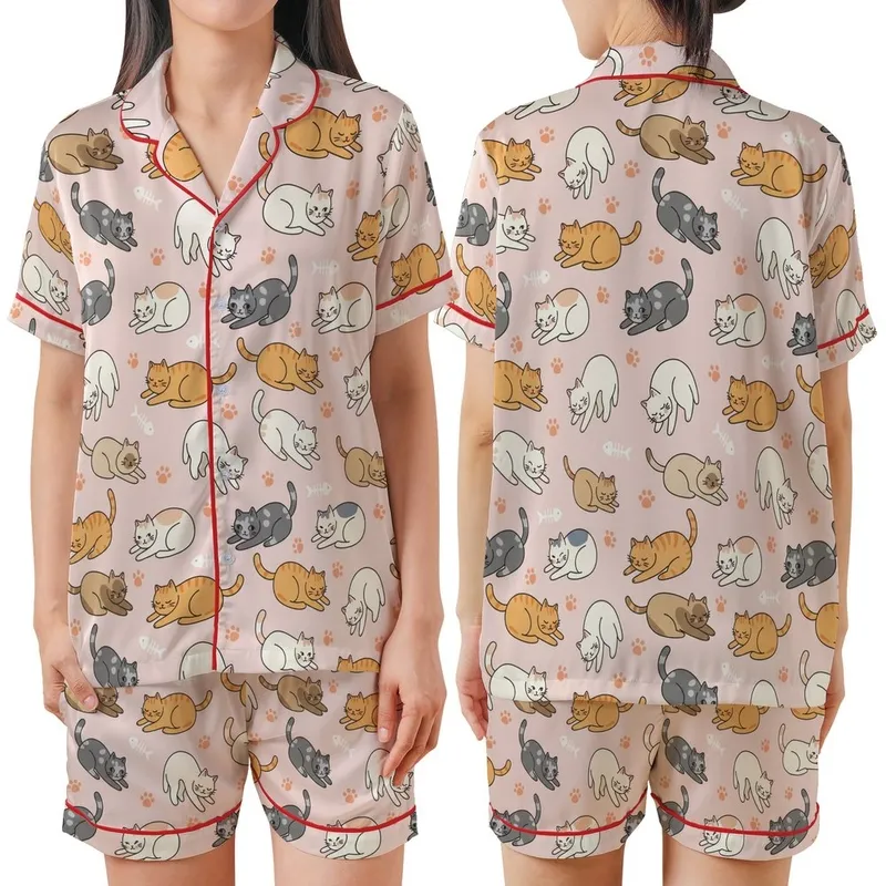 Cat Lovers' Whimsical Pink Cartoon Cat Pattern, Diverse Felines with Orange Paw Prints & Fish Skeletons Satin Short-Sleeve Pajamas Set - 1