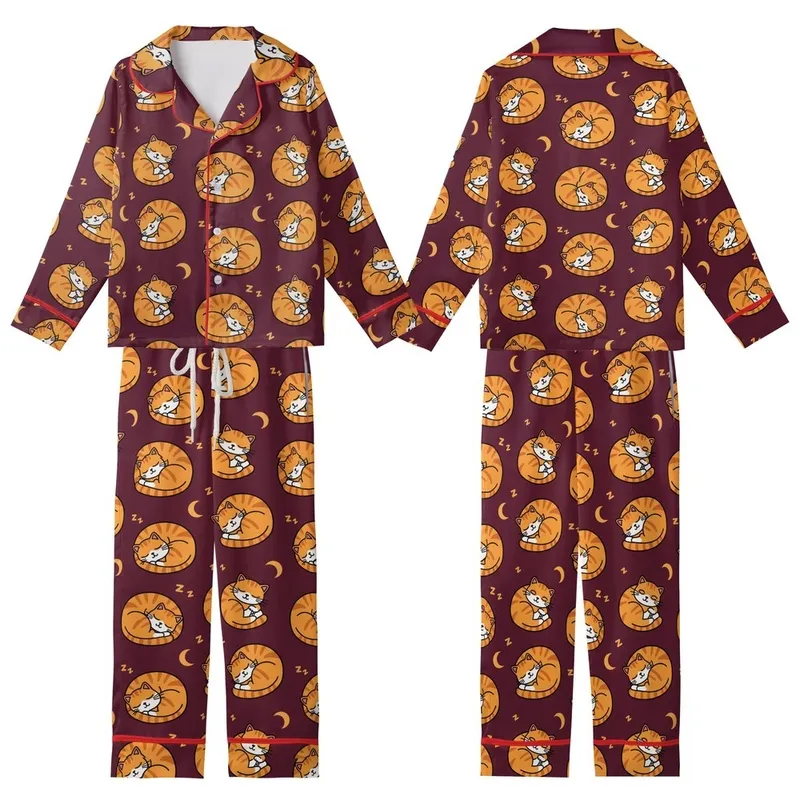 Cozy Style Fans' Seamless Repeat Sleepy Orange Cartoon Cats & Zzz Moons on Deep Burgundy Pattern Kid Satin Pajamas Set - 1