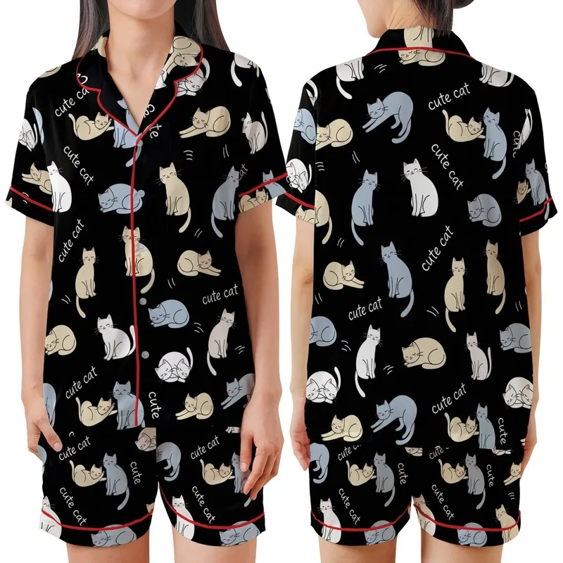 Cat Lovers' Seamless Black Playful Cartoon Cats Beige Blue-Grey Flat Art Whimsical 'Cute Cat' Pattern Satin Short-Sleeve Pajamas Set - 1