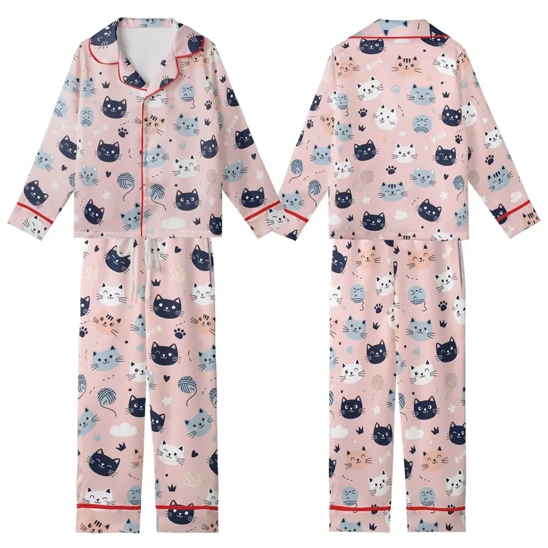 Cat Lovers' Whimsical Hand-Drawn Cartoon Cats Flat Pattern, Light Bubblegum Pink with Navy, Pale Peach, Light Blue-Grey Accents Kid Satin Pajamas Set - 1