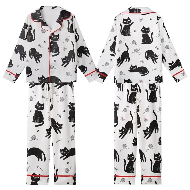 Cat Lovers' Whimsical Black Cats White Background Cartoon Design with Pink Accents, Yarn Balls & Paw Prints Kid Satin Pajamas Set - 1