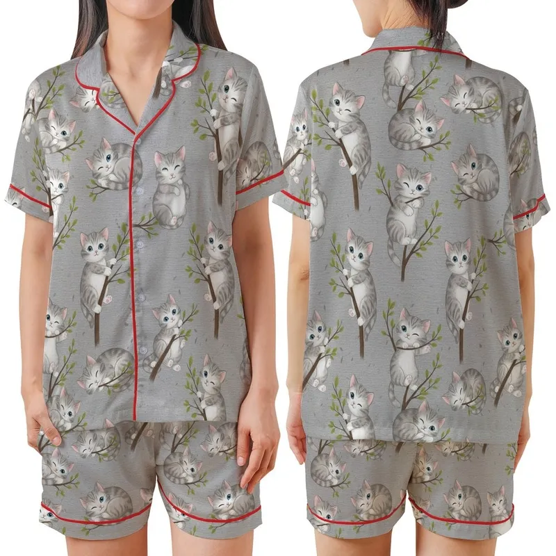 Cute Cat Enthusiasts' Whimsical Fluffy Grey White Kittens Blue Eyes Pink Paw Pads Green Leaf Branches Heather Grey Pattern Satin Short-Sleeve Pajamas Set - 1