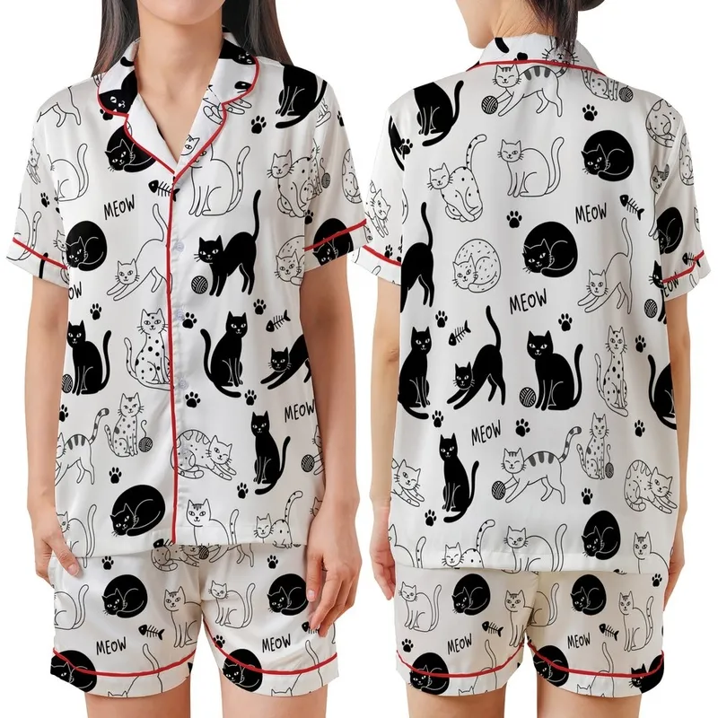 Cat Lovers' Playful Black White Hand-Drawn Cats All-Over Pattern with Silhouettes Line Art Paw Prints & MEOW Satin Short-Sleeve Pajamas Set - 1