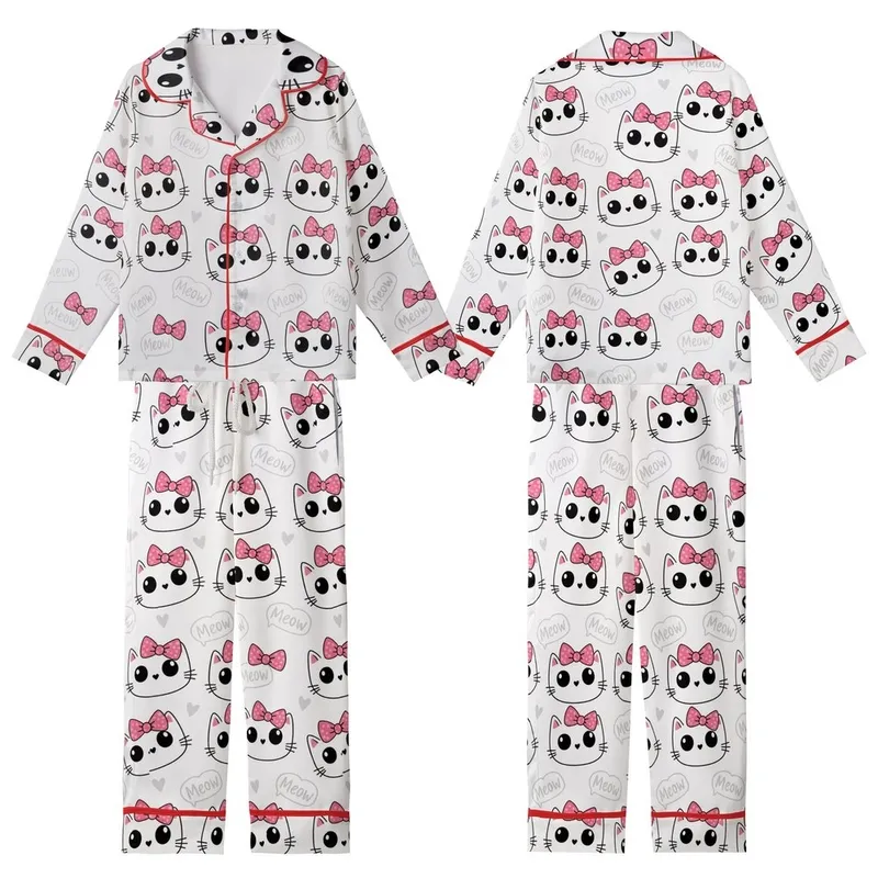 Whimsical Cat Lovers' Hand-Drawn Cute Feline Faces Hot Pink Polka Dot Bows White Pattern Kid Satin Pajamas Set - 1