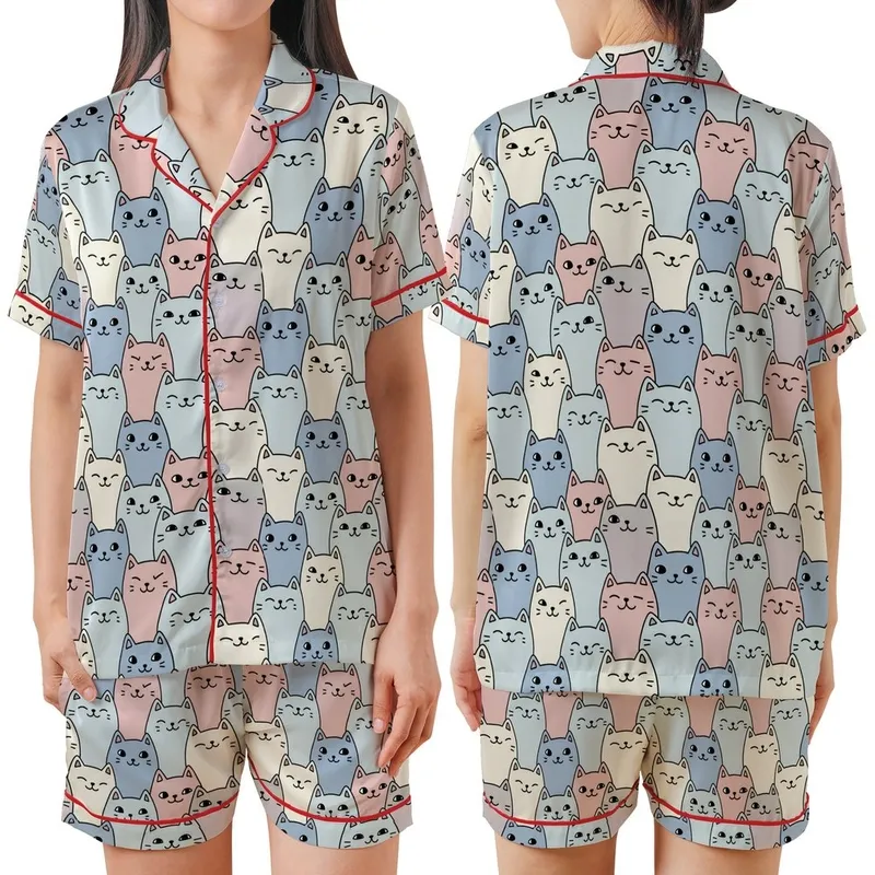 Cat Enthusiasts' Hand-Drawn Pastel Cartoon Cats Seamless Pattern with Bold Black Outlines Satin Short-Sleeve Pajamas Set - 1