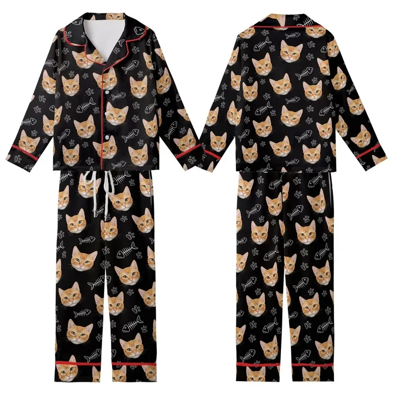Cat Lovers' Black Whimsical Photo-Realistic Ginger Cat Faces & Hand-Drawn White Fish Skeletons Pattern Kid Satin Pajamas Set - 1