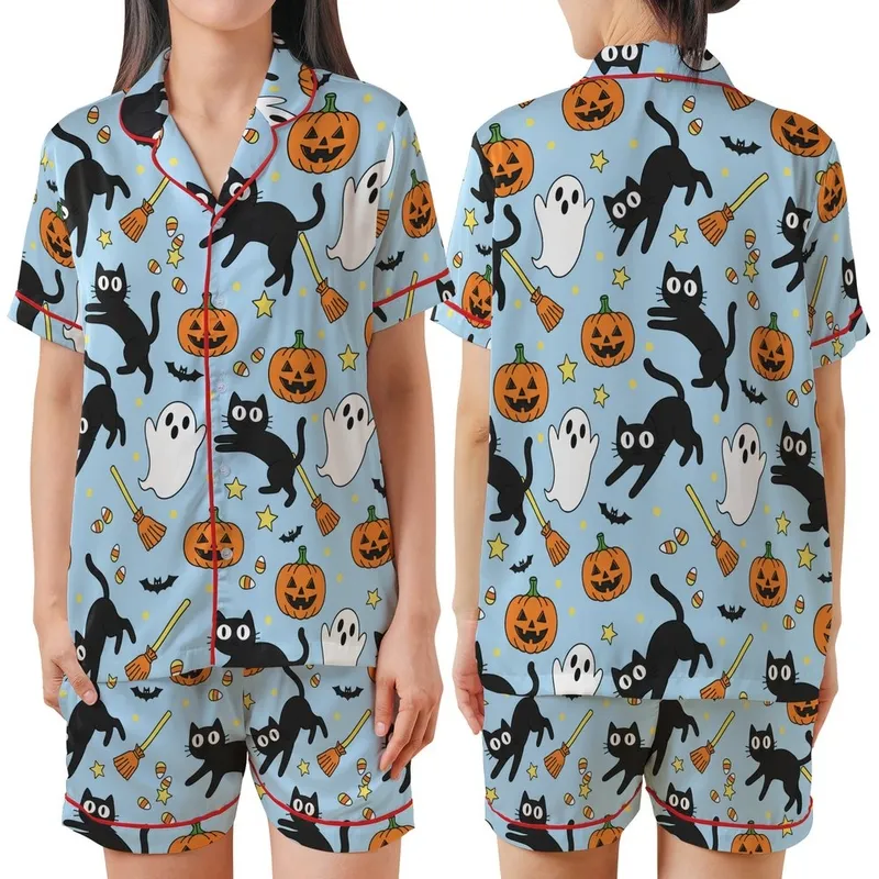 Whimsical Lovers' Playful Black Cat Ghost Jack-o'-Lantern Bat Broom Candy Corn Pattern on Sky Blue Satin Short-Sleeve Pajamas Set - 1