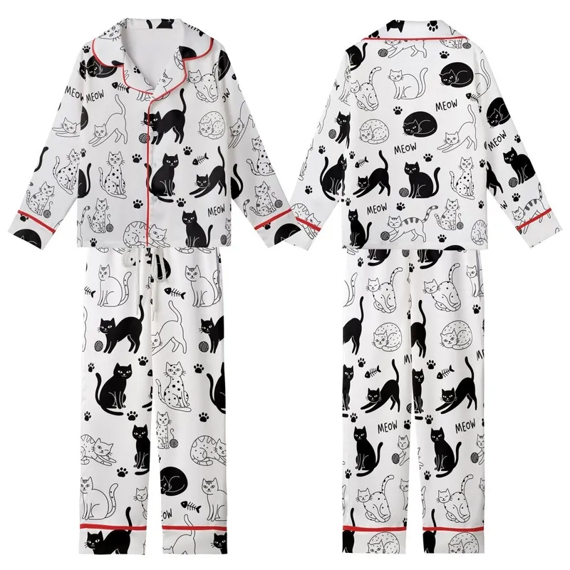 Cat Lovers' Playful Black White Hand-Drawn Cats All-Over Pattern with Silhouettes Line Art Paw Prints & MEOW Kid Satin Pajamas Set - 1