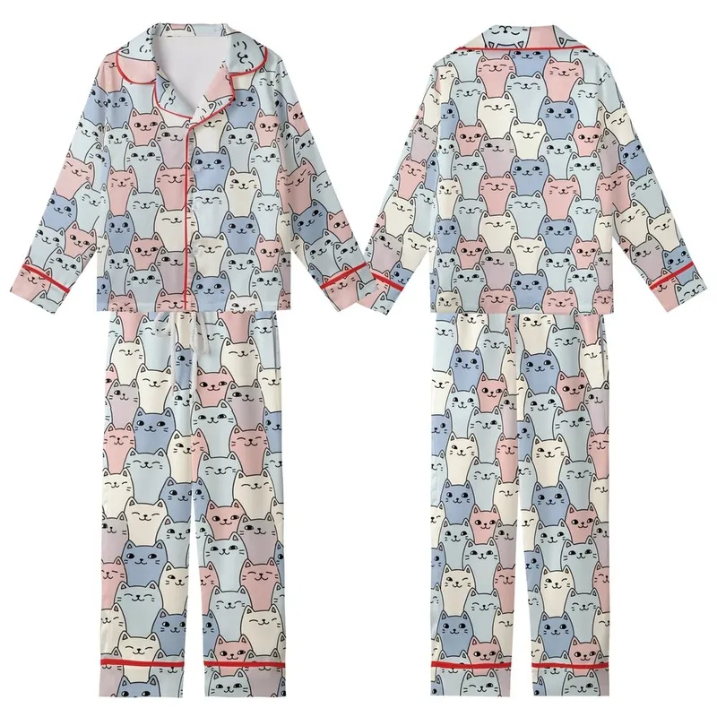 Cat Enthusiasts' Hand-Drawn Pastel Cartoon Cats Seamless Pattern with Bold Black Outlines Kid Satin Pajamas Set - 1