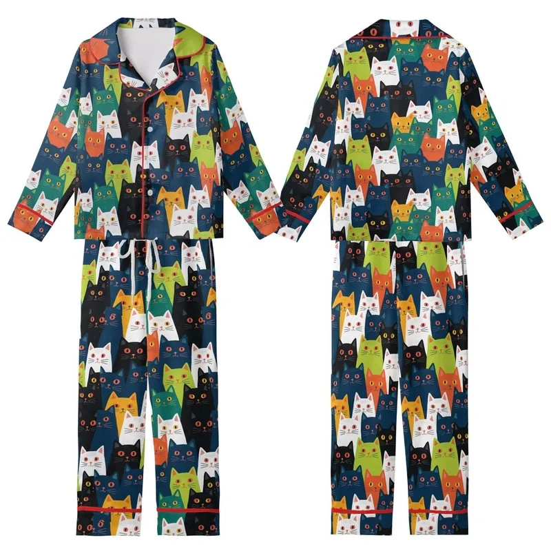 Cat Lovers' Whimsical Folk Art Cats Dense Pattern Hand-Drawn Illustrative Peeking Feline Faces Black Blue White Orange Teal Yellow Pink Kid Satin Pajamas Set - 1