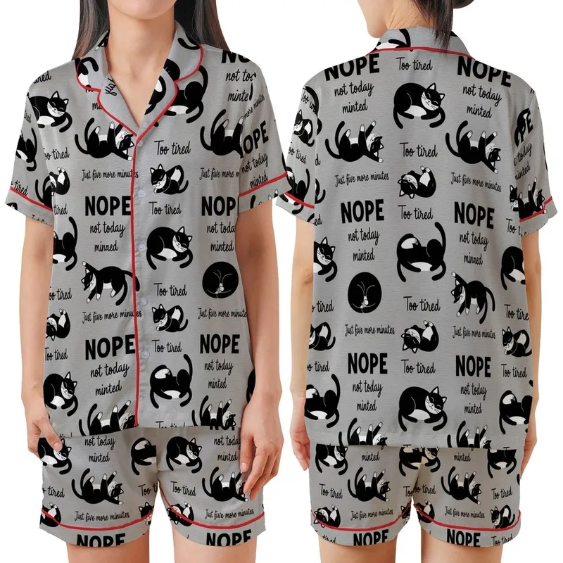 Cat Lovers' Heather Gray Black White Cartoon Tuxedo Cat Sleepy Pose Flat Graphic Seamless Pattern with Humorous 'NOPE Not Today' Text Satin Short-Sleeve Pajamas Set - 1
