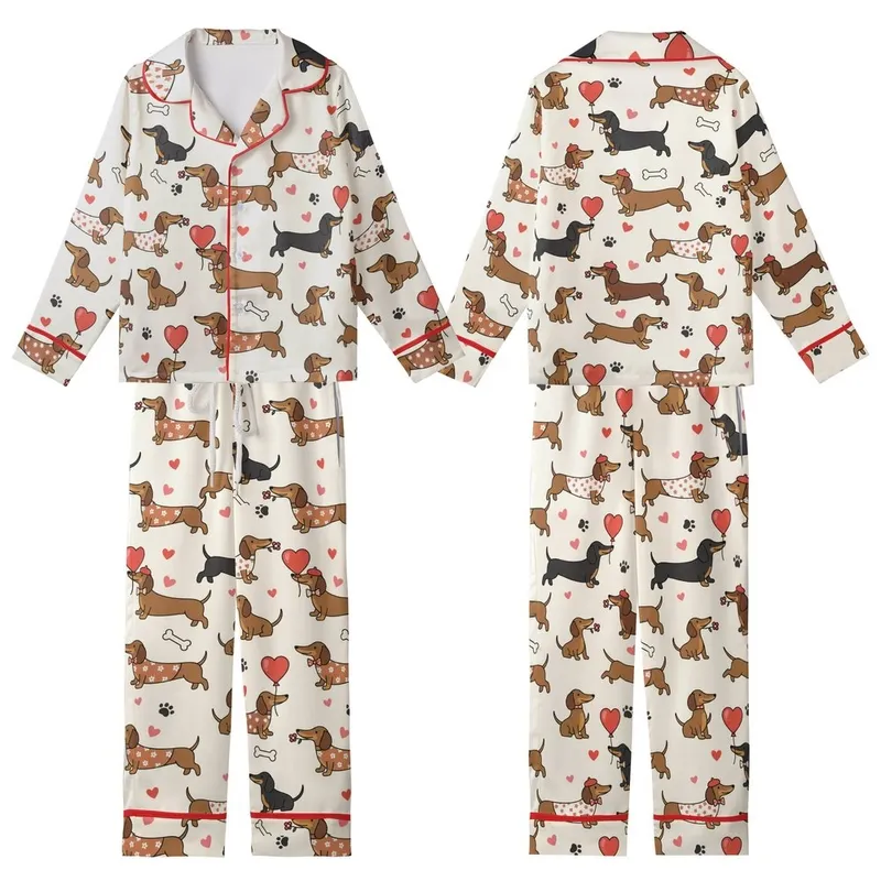 Dachshund Lovers' Whimsical Cartoon Brown Black Dachshunds, Red Pink Hearts & Playful Poses Cream Pattern Kid Satin Pajamas Set - 1
