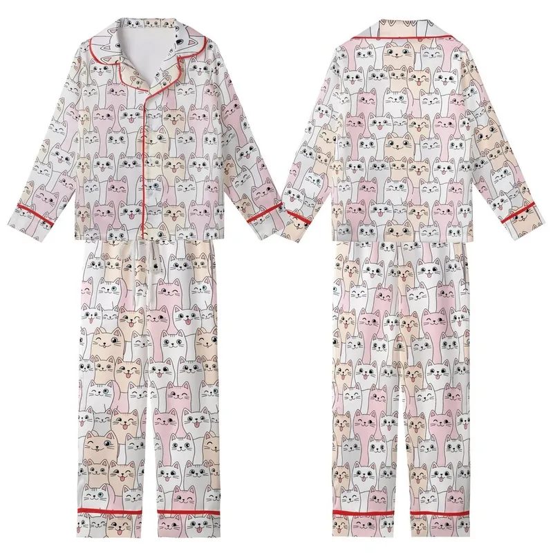 Cat Lovers' Whimsical Cartoon Cats All-Over Pastel Pink Grey Peach Pattern Kid Satin Pajamas Set - 1