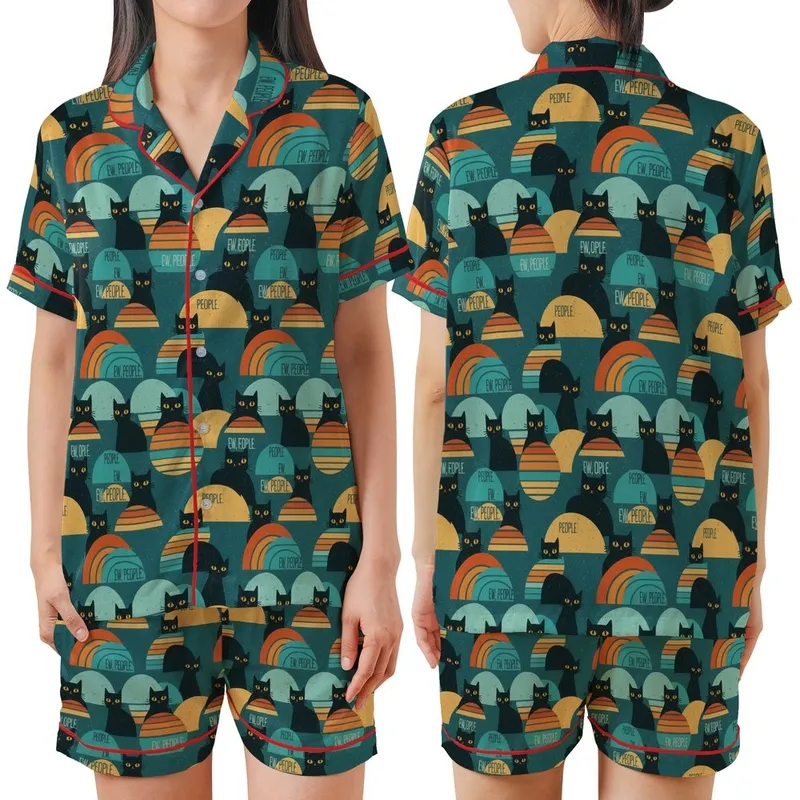 Cat Lovers' Retro Grunge Black Cats Yellow Eyes Distressed Teal Orange Stripes Semi-Circles Pattern Satin Short-Sleeve Pajamas Set - 1