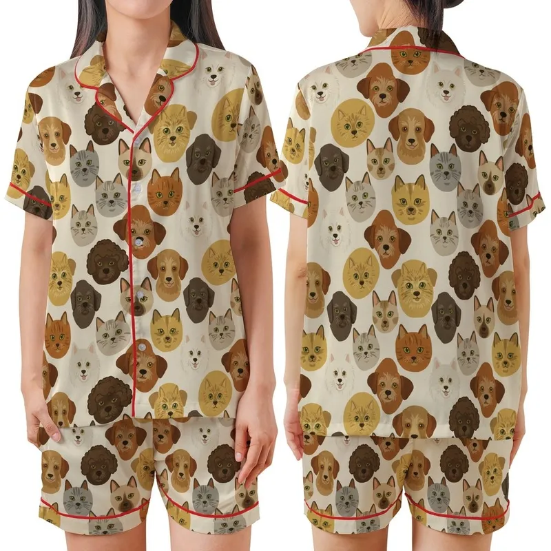Pet Parents' Vintage Illustrative Dog Cat Faces Seamless Pattern Earthy Beige Ochre Satin Short-Sleeve Pajamas Set - 1