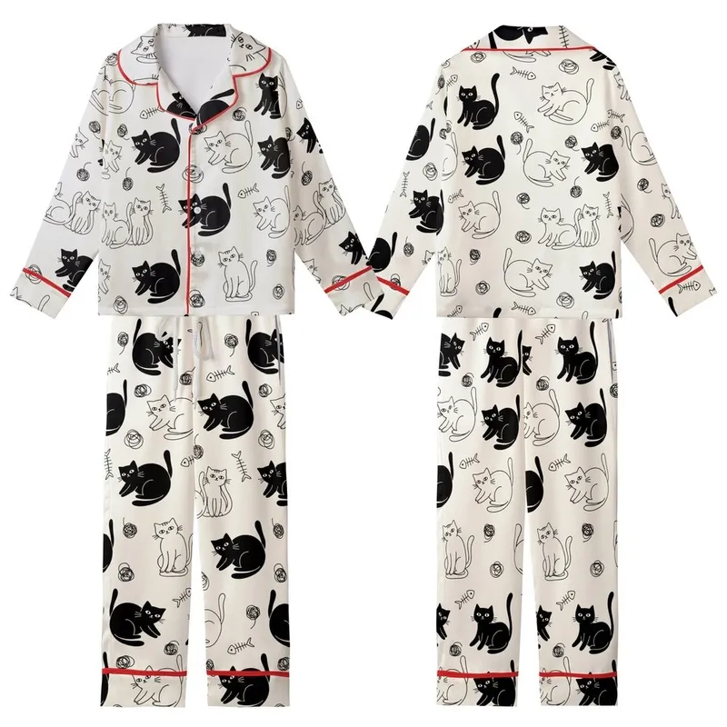 Cat Lovers' Whimsical Black Cat Silhouette & Outline Seamless Pattern with Yarn Balls on Creamy Off-White Kid Satin Pajamas Set - 1