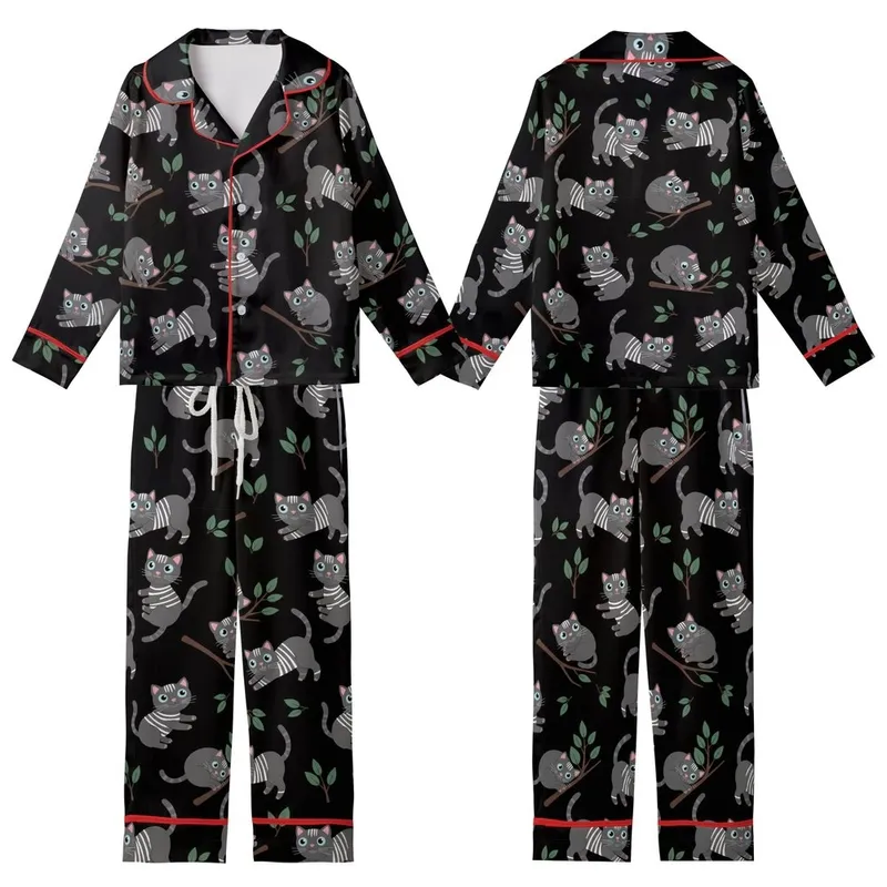 Cat Lovers' Illustrative Playful Kittens Charcoal Stripes White Fur Sky Blue Eyes Flat Black Pattern Kid Satin Pajamas Set - 1
