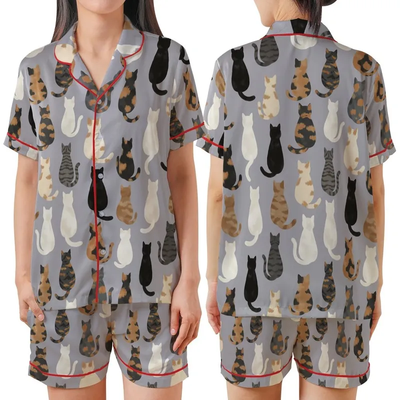Cat Lovers' Artistic Feline Friends From Behind Repeat Pattern Muted Lavender-Grey Multi-Tone Furs Satin Short-Sleeve Pajamas Set - 1