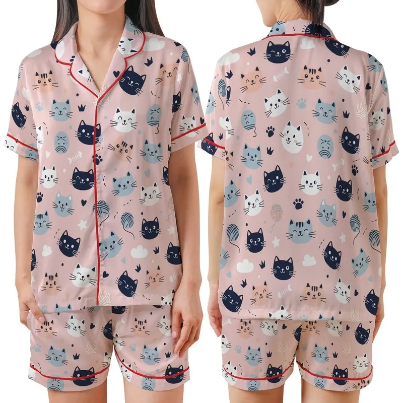 Cat Lovers' Whimsical Hand-Drawn Cartoon Cats Flat Pattern, Light Bubblegum Pink with Navy, Pale Peach, Light Blue-Grey Accents Satin Short-Sleeve Pajamas Set - 1